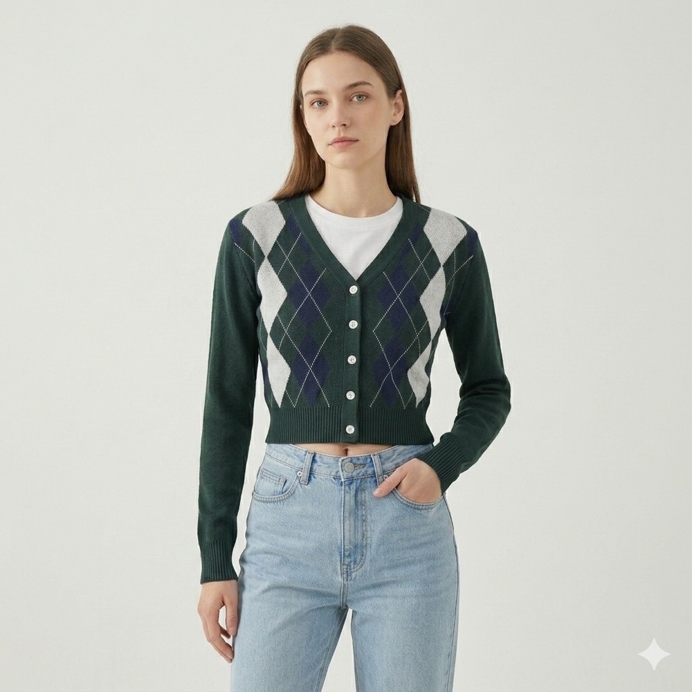 Neo Cropped Argyle Cardigan Sweater Women's S Preppy School Academia V-Neck Knit